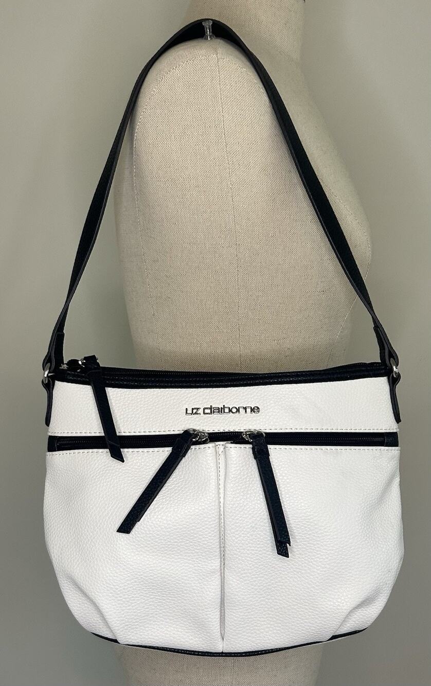 LIZ CLAIBORNE White & Black Shoulder Handbag Pockets Purse Zip Womens